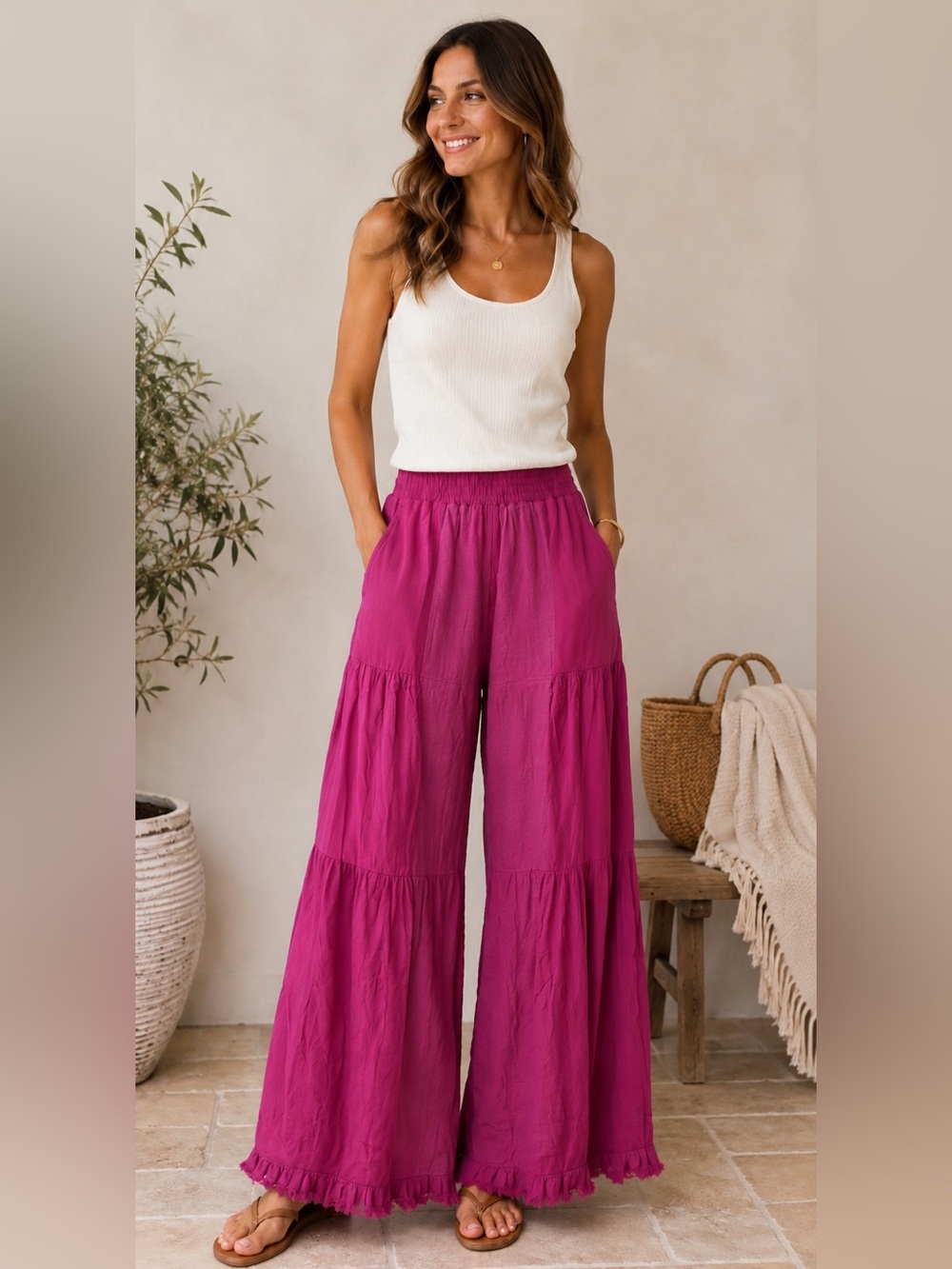 Umgee Wide-Leg Tiered Pants in Fuchsia
